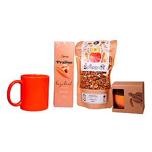 DARELA ORANGE Sada obsahující čokoládové pralinky, čaj, svíčku a oranžový hrnek, v dárkové krabici - reklamní předměty