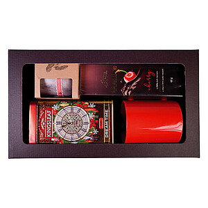 DARELA RED Sada obsahující čokoládové pralinky, čaj, svíčku a červený hrnek, v dárkové krabici - reklamní předměty