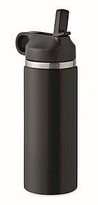 Dvoustěnná láhev na pití z recyklované nerezové oceli s integrovaným brčkem, 500ml, černá