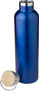 Dvoustěnná nerezová termoska 1l, s bambusovým detailem na víčku, modrá