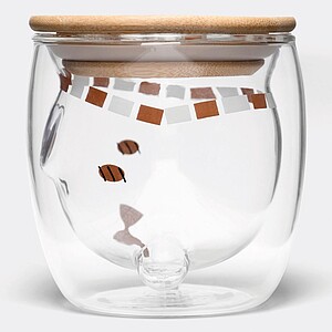 Dvoustěnný skleněný hrnek s vnitřní stěnou ve tvaru medvídka se zimní šálou, bambusové víčko, 250ml