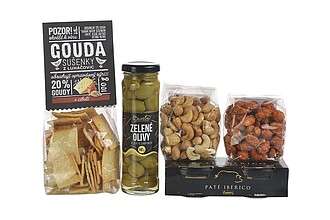 FESTIV Dárková sada - 2 x paštika iberico, zelené olivy, gouda sušenky, kešu, arašídy