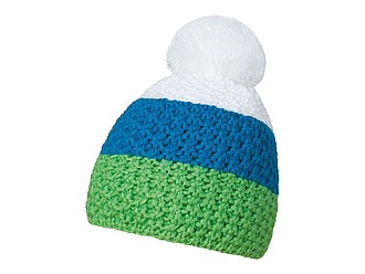 HEJDUK Tříbarevná pletená čepice s bambulkou, zelená, modrá bílá - reklamní čepice