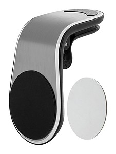 Hliníkový magnetický držák na mobilní telefon do auta s upevněním do větracího otvoru. Včetně samolepicího kovového plíšku. - reklamní předměty