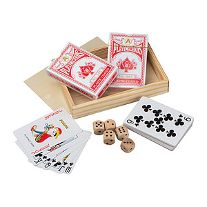 Hrací karty s kostkami v dřevěné krabičce - klíčenky s potiskem