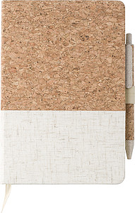 Korkovo plátěný zápisník s linkovaným papírem a kuličkovým perem - ekologické reklamní předměty