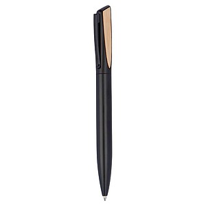 Kovové pero s bambusovou aplikací, modrá náplň, černá - propisky s potiskem
