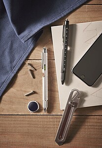 KP s modrou náplní, vodováhou, šroubováky a LED světlem, černé