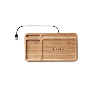 Krabička na stolní potřeby z bambusu s bezdrátovou nabíječkou - reklamní kancelářské potřeby