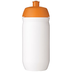 Láhev na pití 500ml, tělo je bílé z pružného plastu, víčko je oranžové