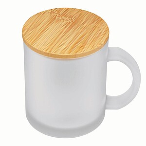 Matný skleněný hrnek s uchem a bambusovým víčkem, 330ml - reklamní hrnky