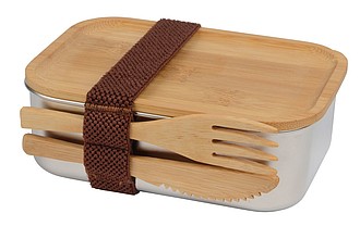 MERENDA Nerezový lunchbox s bambusovým víčkem a příborem