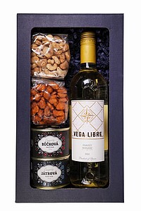 MŇAMKA Sada obsahující bílé víno, kešu s česnekem a rozmarýnem 100 g, arašídy v karamelu s chilli 100 g, játrovou paštiku 190 g a bůčkovou paštiku 180 g, v dárkové krabici - reklamní předměty