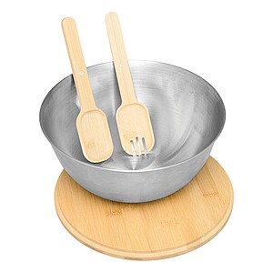 Nerezová mísa 3l, s bambusovým víkem a náčiním