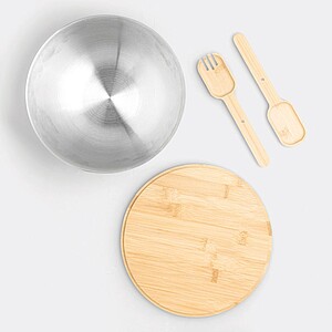 Nerezová mísa 3l, s bambusovým víkem a náčiním
