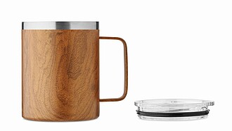 Nerezový dvoustěnný hrnek v dřevěném vzhledu, 300ml, plastové víčko