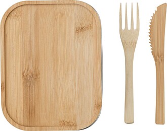 Nerezový lunchbox 600ml s bambusovým víkem a příborem