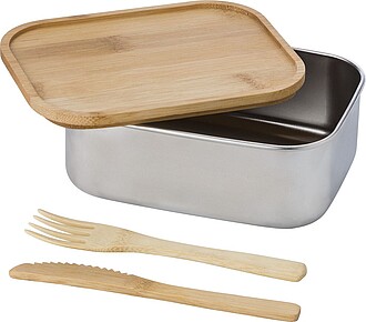 Nerezový lunchbox 600ml s bambusovým víkem a příborem