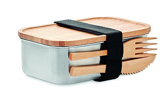 Nerezový lunchbox s bambusovým víkem a příborem, 600ml