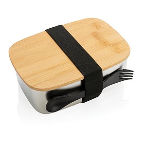 Nerezový obědový box s bambusovým víčkem, stříbrná