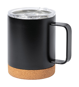 Nerezový termohrnek s víčkem a korkovým dnem, 330ml, černý - reklamní předměty