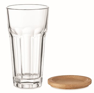 Opakovaně použitelný skleněný pohárek s bambusovým víčkem, který lze použít také jako podtácek. Kapacita: 300 ml. - sklenice s potiskem
