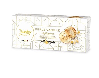 PERLE čokoládové sušenky s bílou čokoládou a vanilkovou náplní 95 g - reklamní předměty