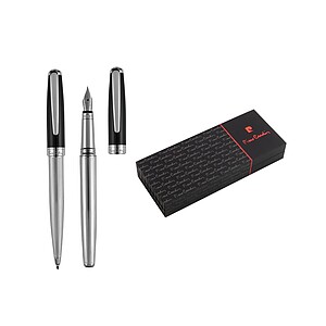 PIERRE CARDIN CHRISTOPHE SET Sada kuličkového a plnicího pera, stříbrná/černá - propisky s potiskem