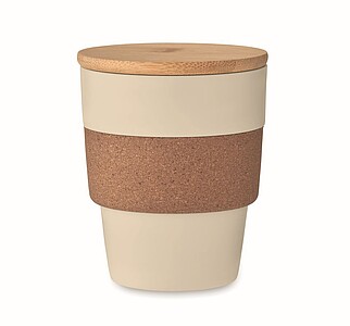 Plastový kelímek 300ml, s korkovým rukávem a bambusovým víčkem, béžový - reklamní hrnky