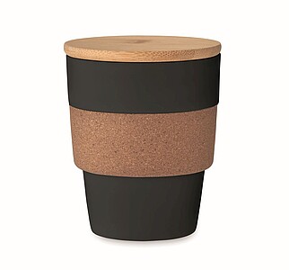 Plastový kelímek 300ml, s korkovým rukávem a bambusovým víčkem, černý