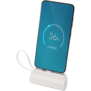 Powerbanka 5000 mAh 10W z recyklovaného plastu s konektorem typu C, výklopným stojánkem a kabelem 2 v 1, bílá - reklamní předměty