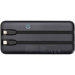 Powerbanka z recyklovaného plastu s kapacitou 10 000 mAh a výkonem 10 W se dvěma vestavěnými kabely, černá