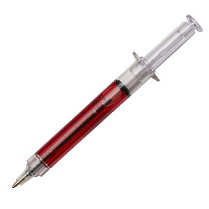 Propiska ve tvaru injekční stříkačky, červená - propisky s potiskem
