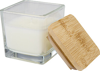 SEVILLA Čtvercová skleněná svíčka s bambusovým víčkem, bílá - reklamní předměty