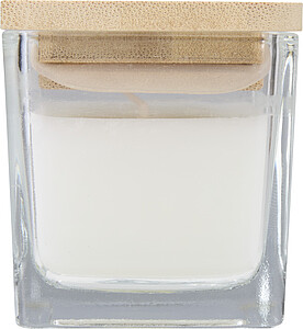 SEVILLA Čtvercová skleněná svíčka s bambusovým víčkem, bílá