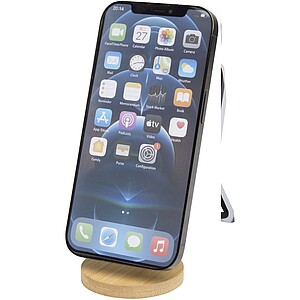 Skládací magnetický stojánek na telefon z recyklovaného plastu s bambusovými detaily, bílá - reklamní předměty