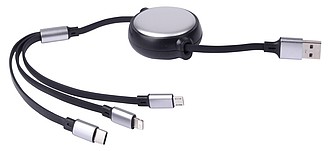 Svinovací nabíjecí kabel se 3 koncovkami, černý - reklamní předměty