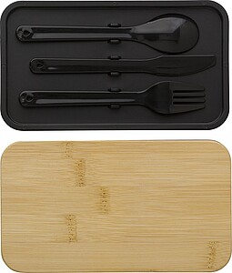 TARINA Krabička na oběd s příborem a bambusovým víkem, 2 x 400 ml, černá - reklamní předměty
