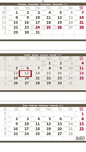 Tříměsíční skládaný MAXI nástěnný kalendář 2026, šedý