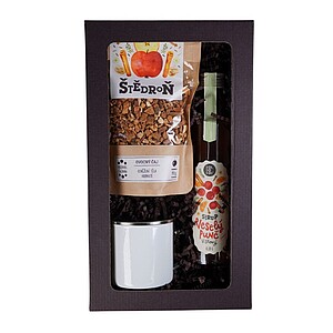 VÁNOČNÍ DÁREK Sada obsahující Veselý punč, sypaný čaj a plecháček, v dárkové krabici - reklamní předměty