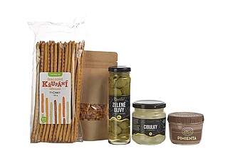 ZOBINK Dárková sada - paštika, olivy, špaldové tyčinky, kukuřice bbq, cibulky